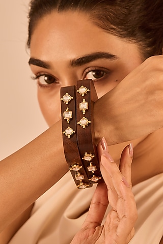 Gold Plated Kundan Polki Wooden Bangle by MNSH