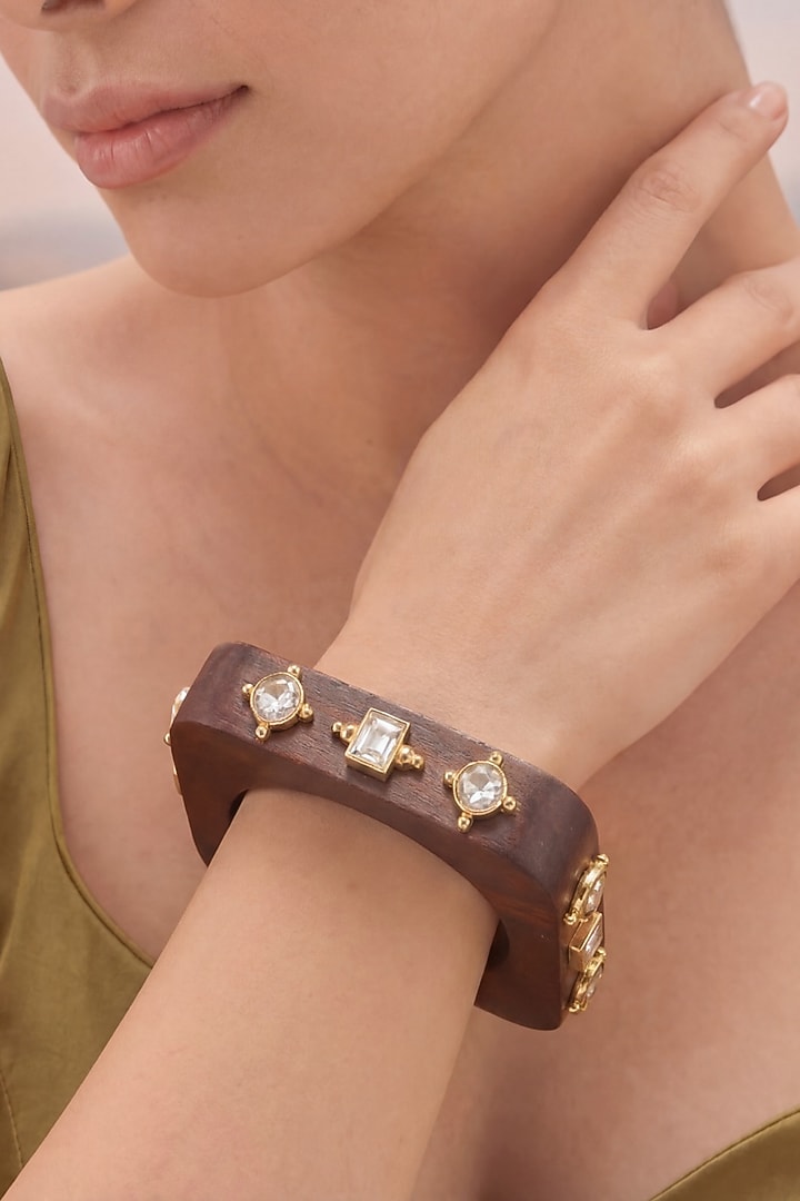 Gold Plated Kundan Polki Wooden Bangle by MNSH at Pernia's Pop Up Shop