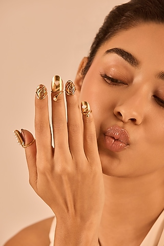 Gold Plated Pearl Adjustable Nail Rings (Set Of 3) by MNSH