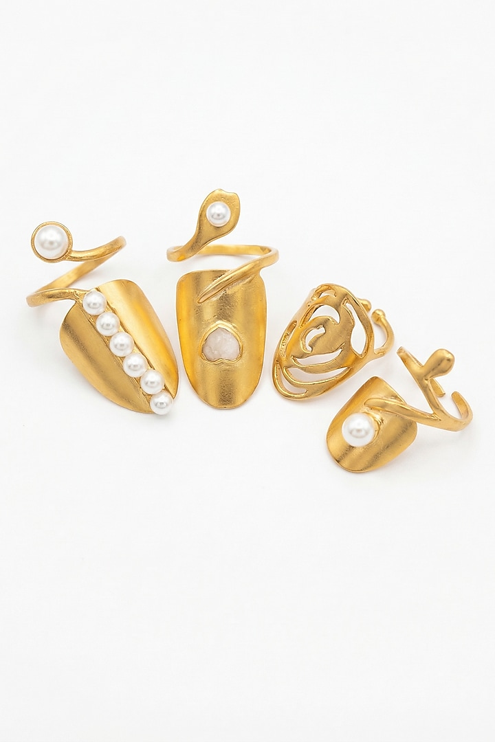 Gold Plated Pearl Adjustable Nail Rings (Set Of 3) by MNSH at Pernia's Pop Up Shop