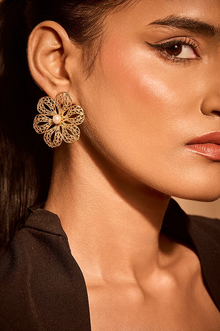 Gold Plated Pearl Floral Stud Earrings by MNSH at Pernia's Pop Up Shop