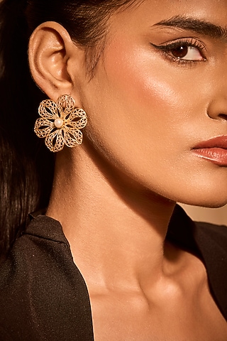 Gold Plated Pearl Floral Stud Earrings by MNSH