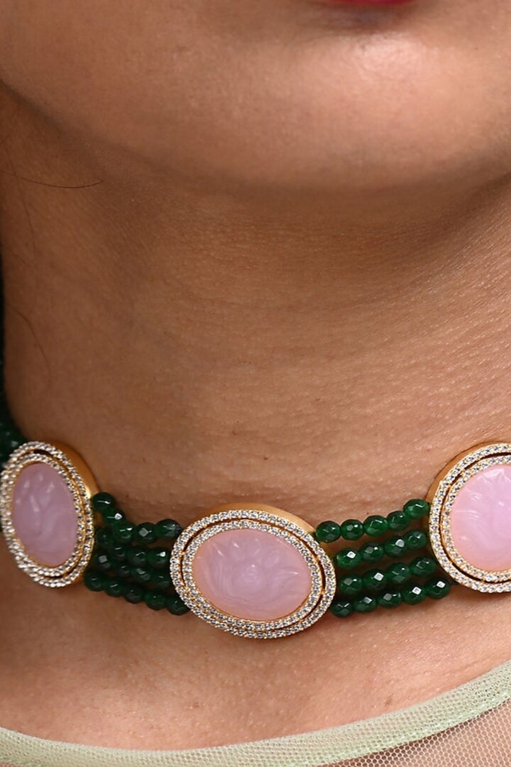 Gold Finish Pink Rose Quartz Choker Necklace by MNSH