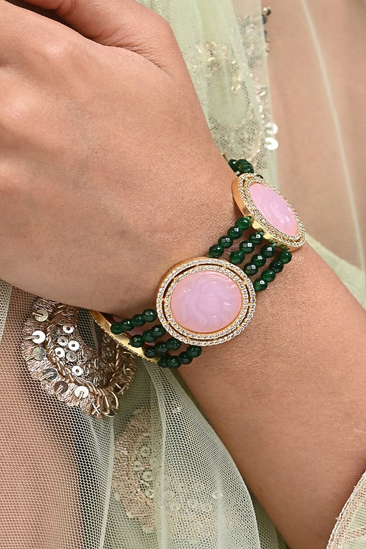 Gold Finish Pink Rose Quartz Bracelet by MNSH at Pernia's Pop Up Shop