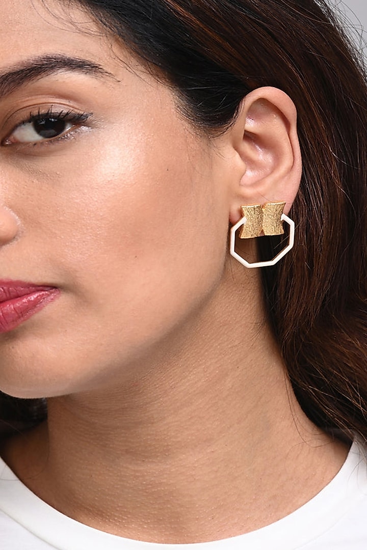 Gold Finish White Hexagon Candy Hoop Earrings by MNSH