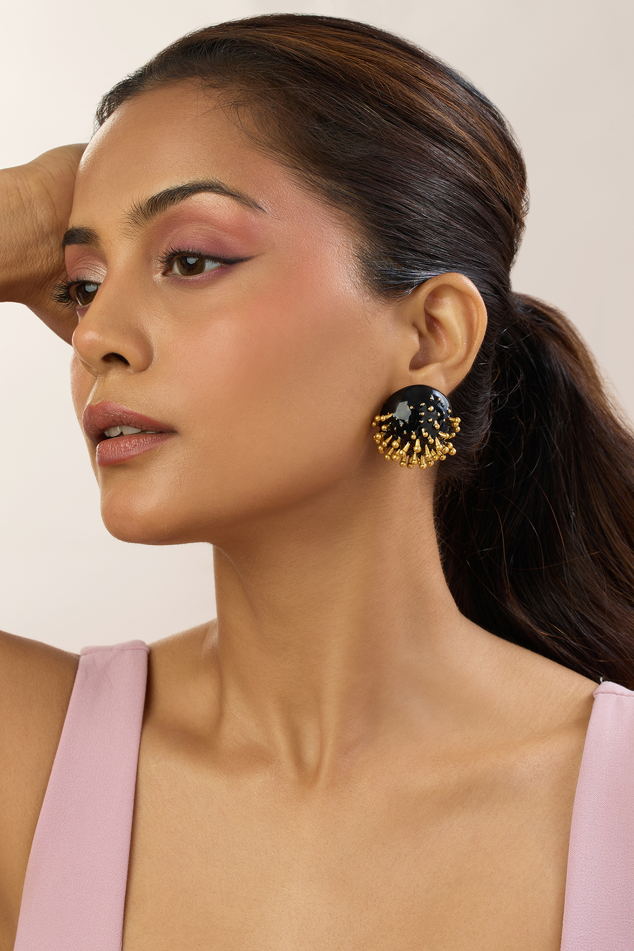 Gold Plated Black Enameled Stud Earrings by MNSH at Pernia's Pop Up Shop