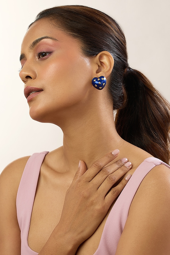 Gold Plated Blue Enameled Heart Stud Earrings by MNSH at Pernia's Pop Up Shop