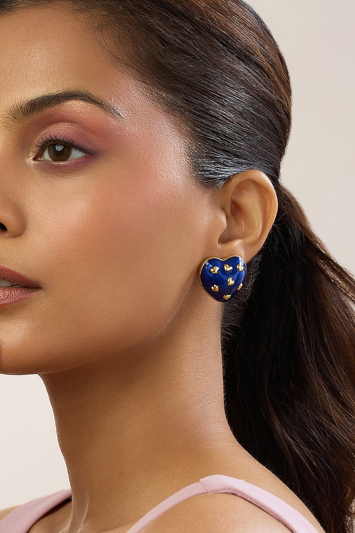 Gold Plated Blue Enameled Heart Stud Earrings by MNSH at Pernia's Pop Up Shop