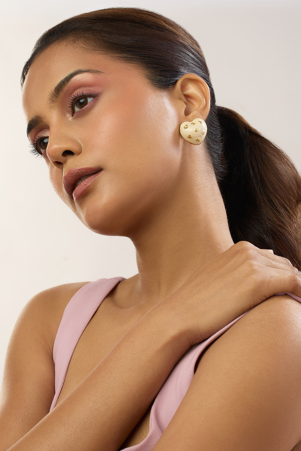 Gold Plated White Enameled Heart Stud Earrings by MNSH at Pernia's Pop Up Shop