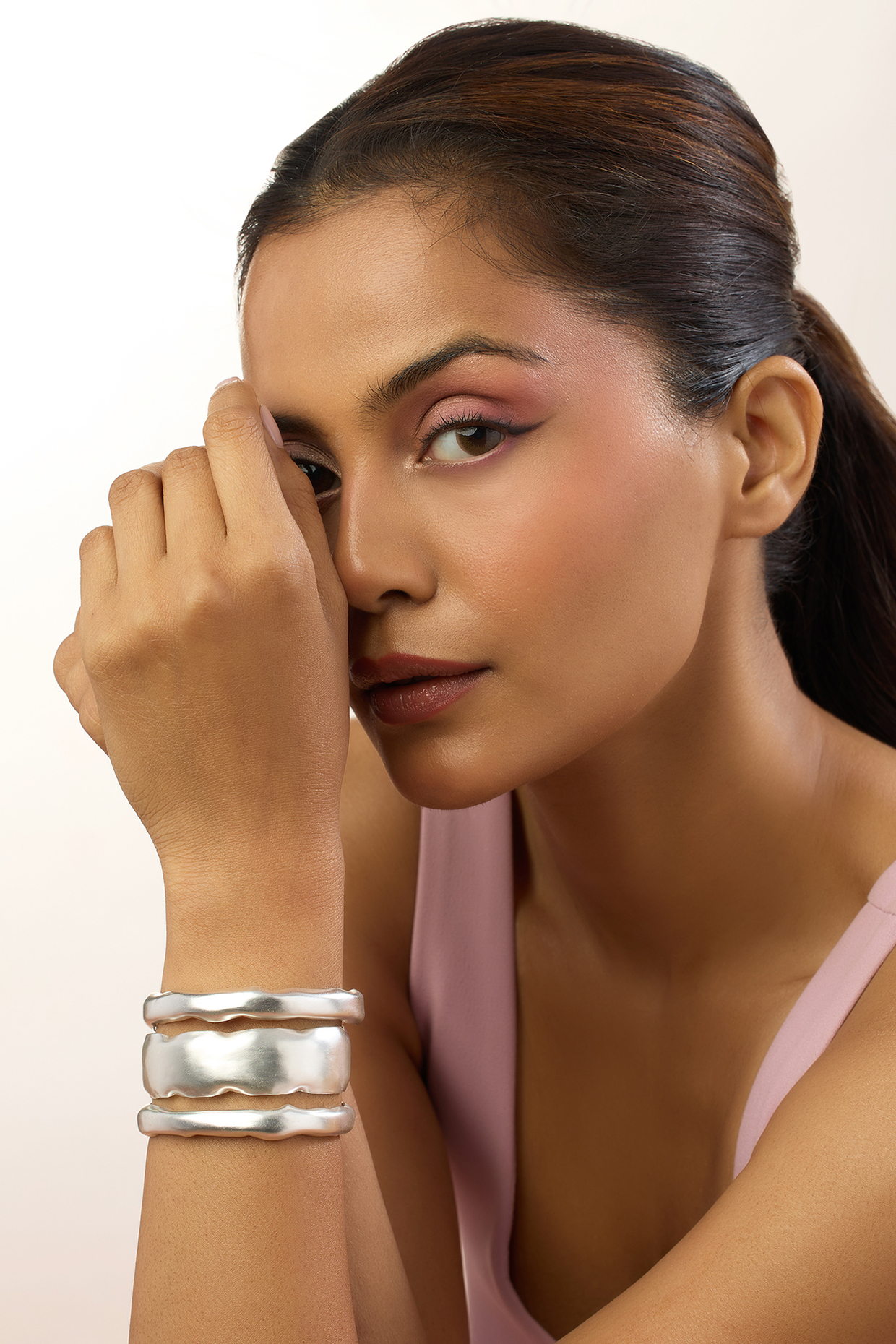 White Rhodium Plated Adjustable Cuff Bracelet by MNSH at Pernia's Pop Up Shop