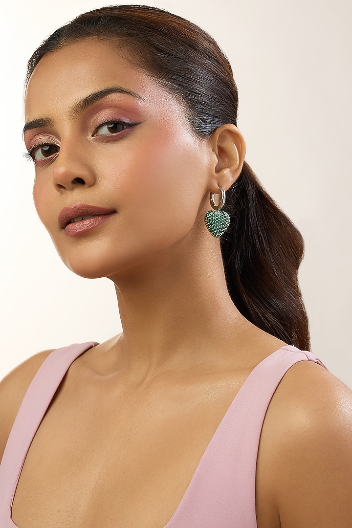 White Rhodium Plated Green Stone Hoop Earrings by MNSH at Pernia's Pop Up Shop