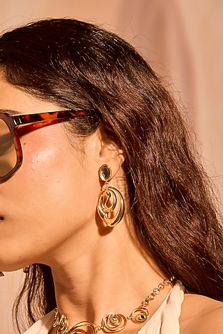 Gold Plated Mirror Wave Curve Dangler Earrings by MNSH