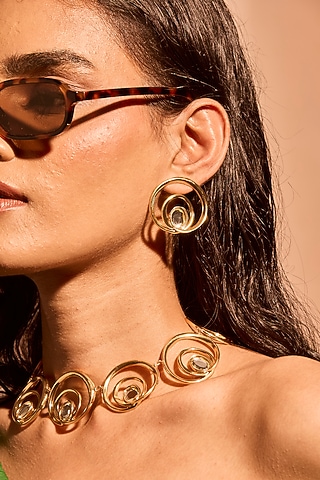 Gold Plated Mirror Wave Stud Earrings by MNSH