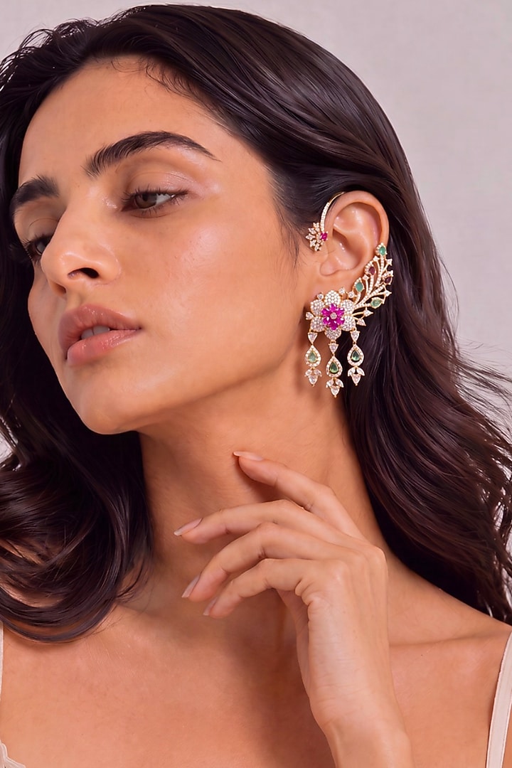 Gold Finish Multi-Colored Stone & Diamond Ear Cuffs by MNSH at Pernia's Pop Up Shop