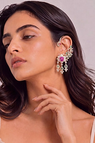 Gold Finish Multi-Colored Stone & Diamond Ear Cuffs by MNSH