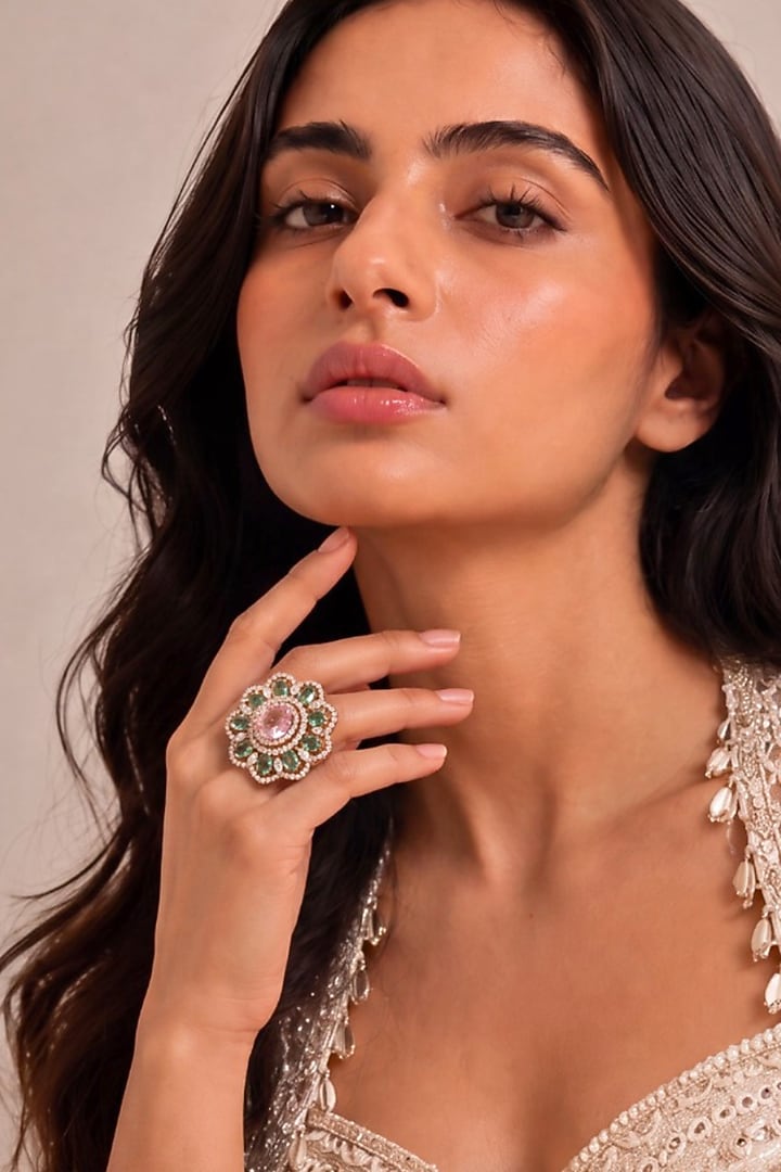 Gold Finish Cubic Zircon & Mint Green Stone Ring by MNSH at Pernia's Pop Up Shop