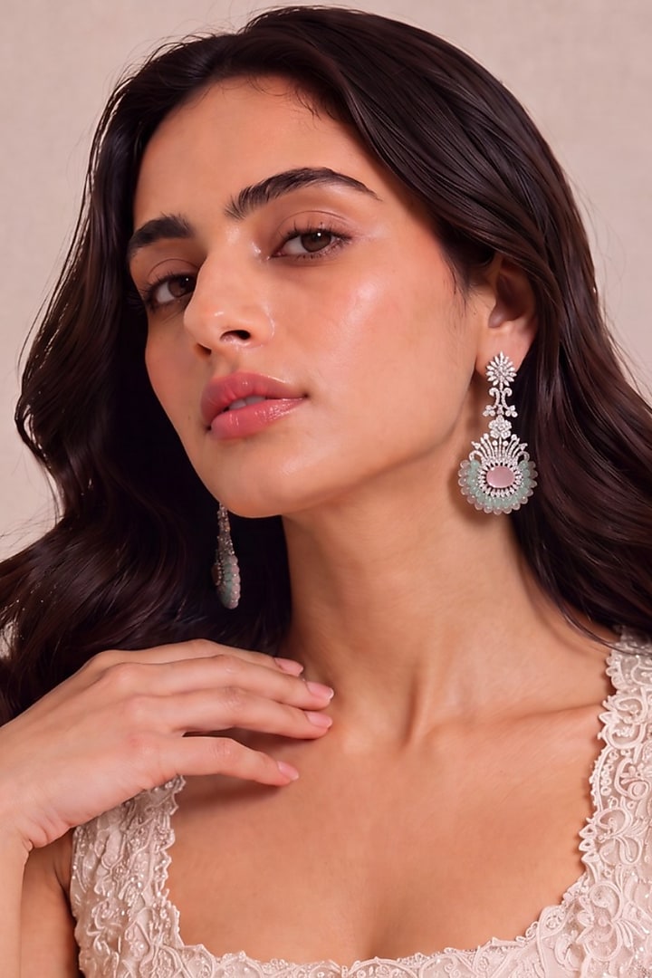 White Rhodium Finish Pink & Mint Green Stone Dangler Earrings by MNSH at Pernia's Pop Up Shop