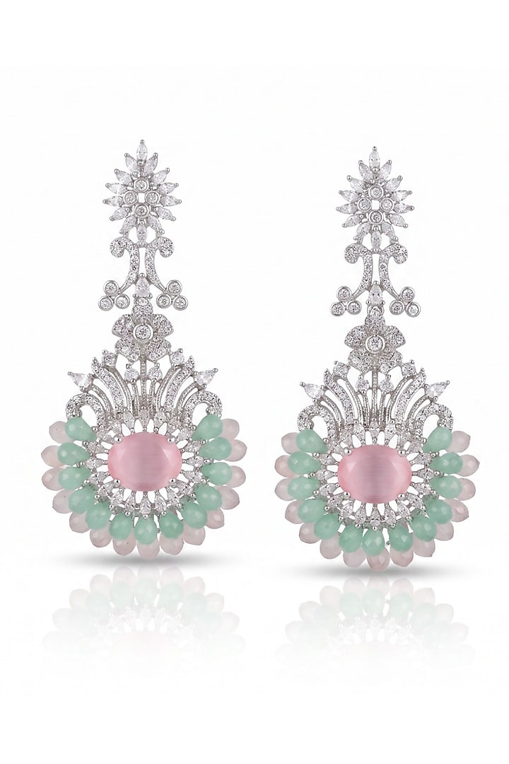 White Rhodium Finish Pink & Mint Green Stone Dangler Earrings by MNSH at Pernia's Pop Up Shop
