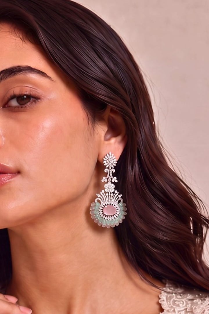 White Rhodium Finish Pink & Mint Green Stone Dangler Earrings by MNSH at Pernia's Pop Up Shop