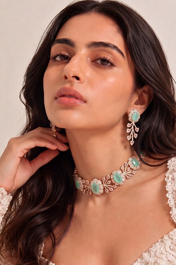 Rose Gold Finish Diamond & Mint Green Stone Choker Necklace Set by MNSH at Pernia's Pop Up Shop