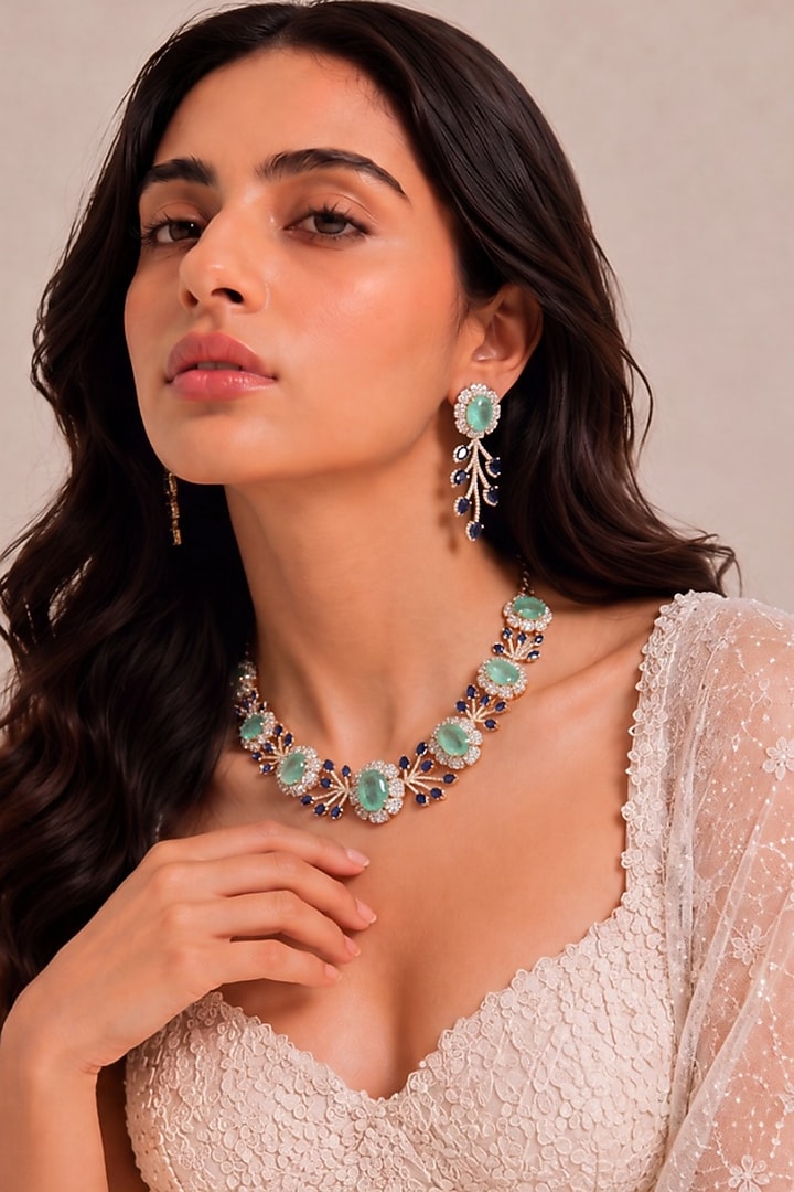 Gold Finish Diamond & Mint Green Stone Choker Necklace Set by MNSH at Pernia's Pop Up Shop
