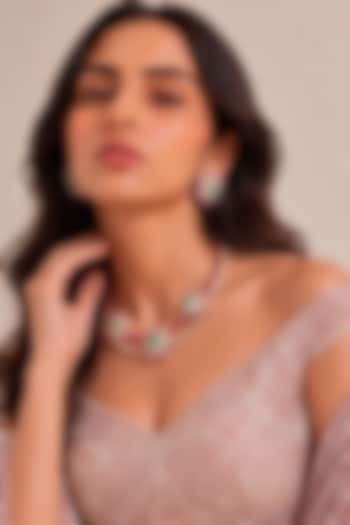 Gold Finish Cubic Zirconia & Ruby Stone Floral Necklace Set by MNSH at Pernia's Pop Up Shop