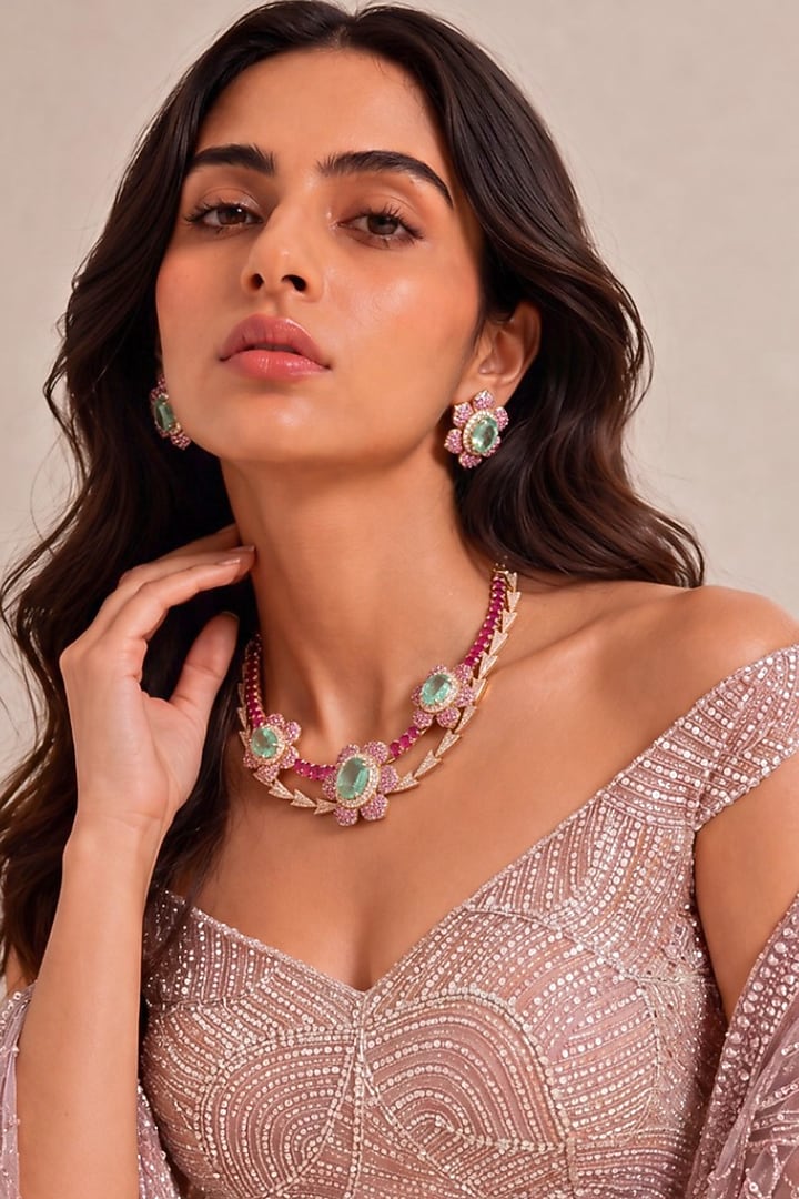 Gold Finish Cubic Zirconia & Ruby Stone Floral Necklace Set by MNSH at Pernia's Pop Up Shop