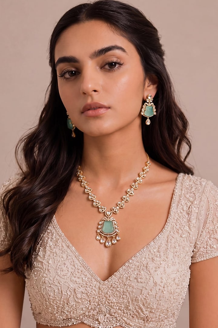 Gold Finish Mint Green Kundan Polki Pendant Necklace Set by MNSH at Pernia's Pop Up Shop