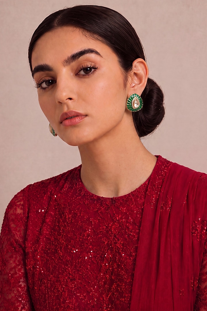 Gold Finish Kundan Polki & Emerald Stone Stud Earrings by MNSH at Pernia's Pop Up Shop