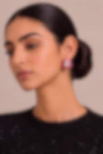 Gold Finish Kundan Polki & Ruby Pink Stone Stud Earrings by MNSH at Pernia's Pop Up Shop