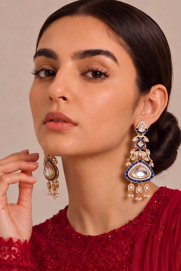 Gold Finish Kundan Polki & Sapphire Stone Dangler Earrings by MNSH at Pernia's Pop Up Shop