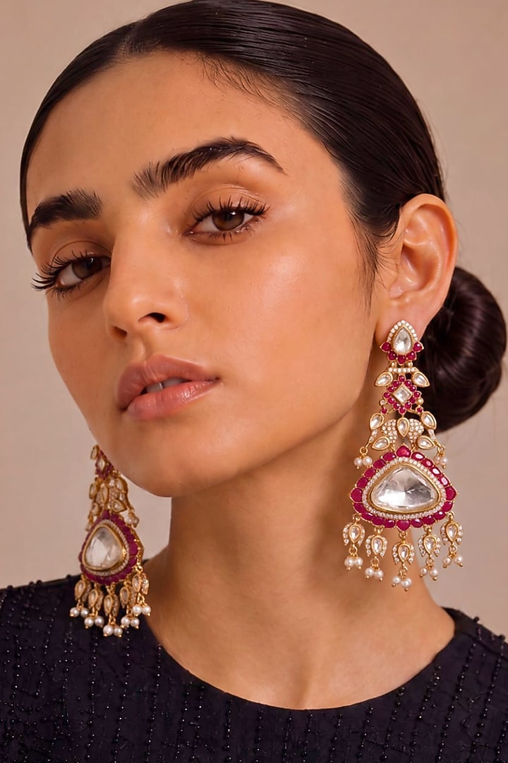 Gold Finish Kundan Polki & Ruby Stone Dangler Earrings by MNSH at Pernia's Pop Up Shop