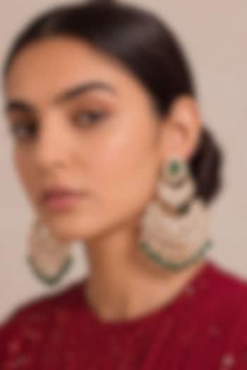 Gold Finish Kundan Polki & Emerald Green Stone Chandbali Earrings by MNSH at Pernia's Pop Up Shop