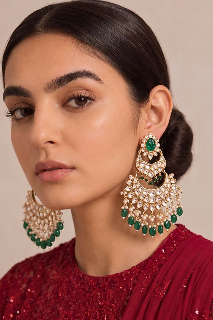 Gold Finish Kundan Polki & Emerald Green Stone Chandbali Earrings by MNSH at Pernia's Pop Up Shop
