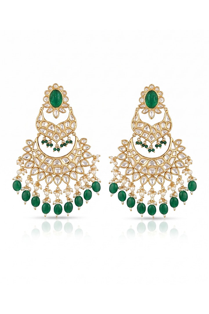 Gold Finish Kundan Polki & Emerald Green Stone Chandbali Earrings by MNSH at Pernia's Pop Up Shop