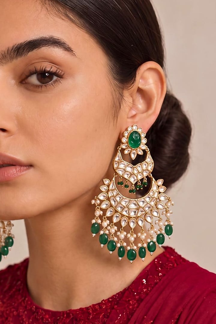 Gold Finish Kundan Polki & Emerald Green Stone Chandbali Earrings by MNSH at Pernia's Pop Up Shop