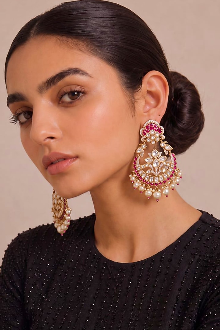 Gold Finish Ruby Gemstone & Pearl Chandbali Earrings by MNSH at Pernia's Pop Up Shop