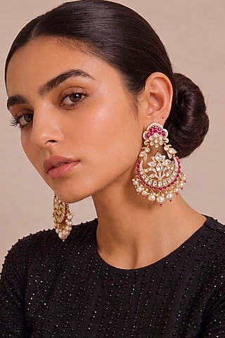 Gold Finish Ruby Gemstone & Pearl Chandbali Earrings by MNSH
