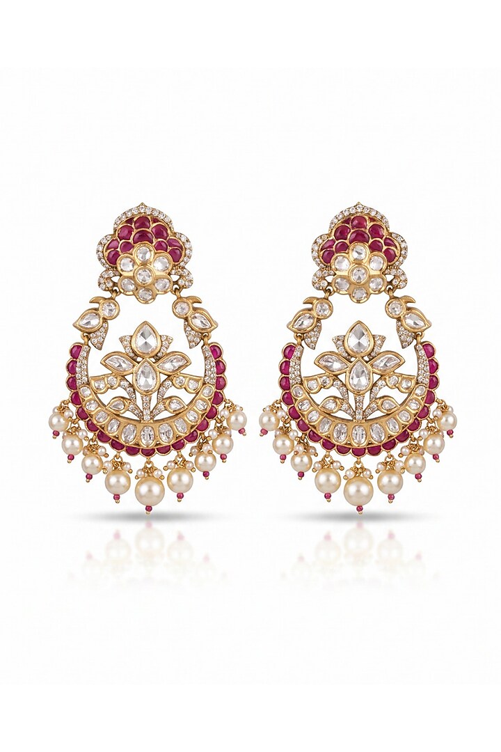 Gold Finish Ruby Gemstone & Pearl Chandbali Earrings by MNSH at Pernia's Pop Up Shop