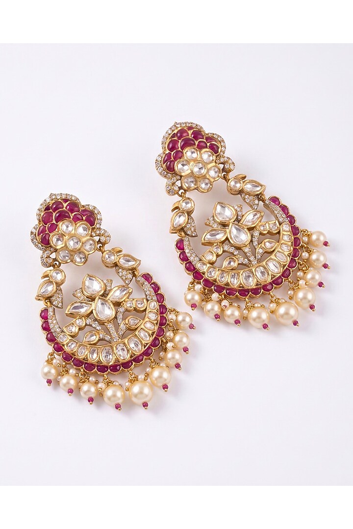 Gold Finish Ruby Gemstone & Pearl Chandbali Earrings by MNSH at Pernia's Pop Up Shop