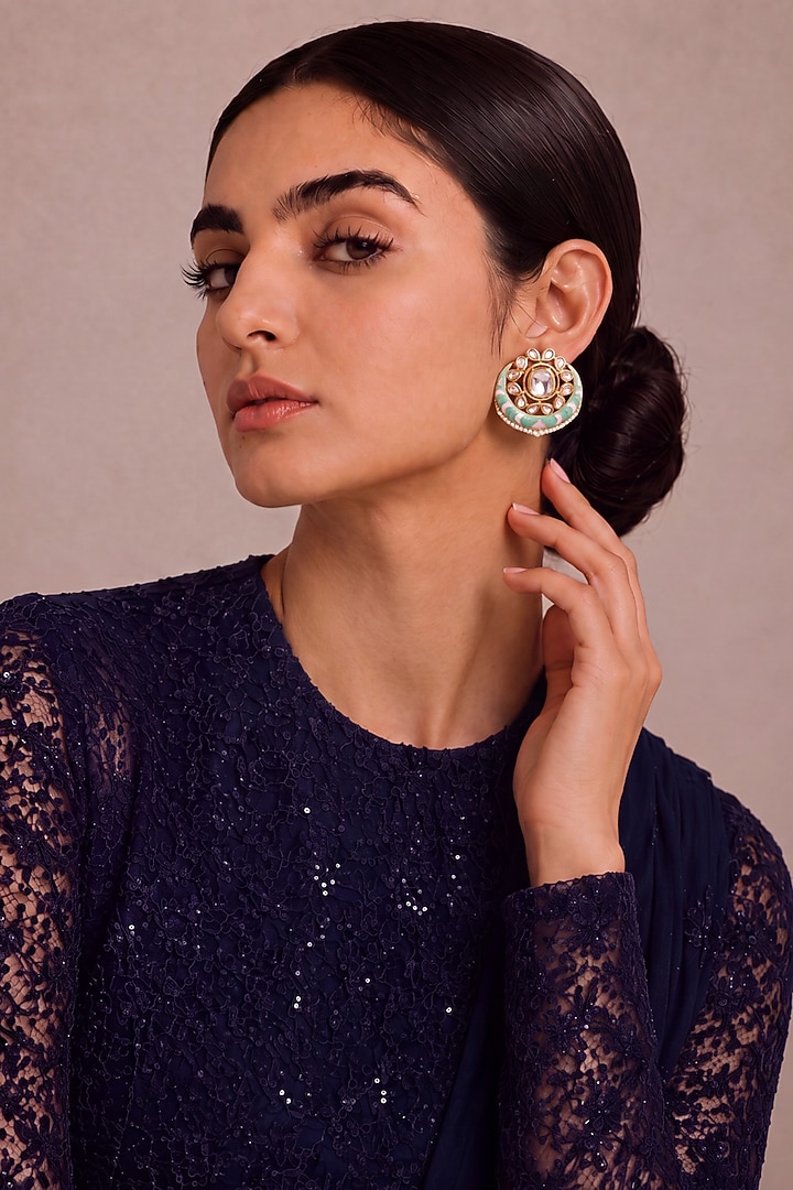 Gold Finish Mint Green & Pink Stone Crescent-Shaped Stud Earrings by MNSH at Pernia's Pop Up Shop
