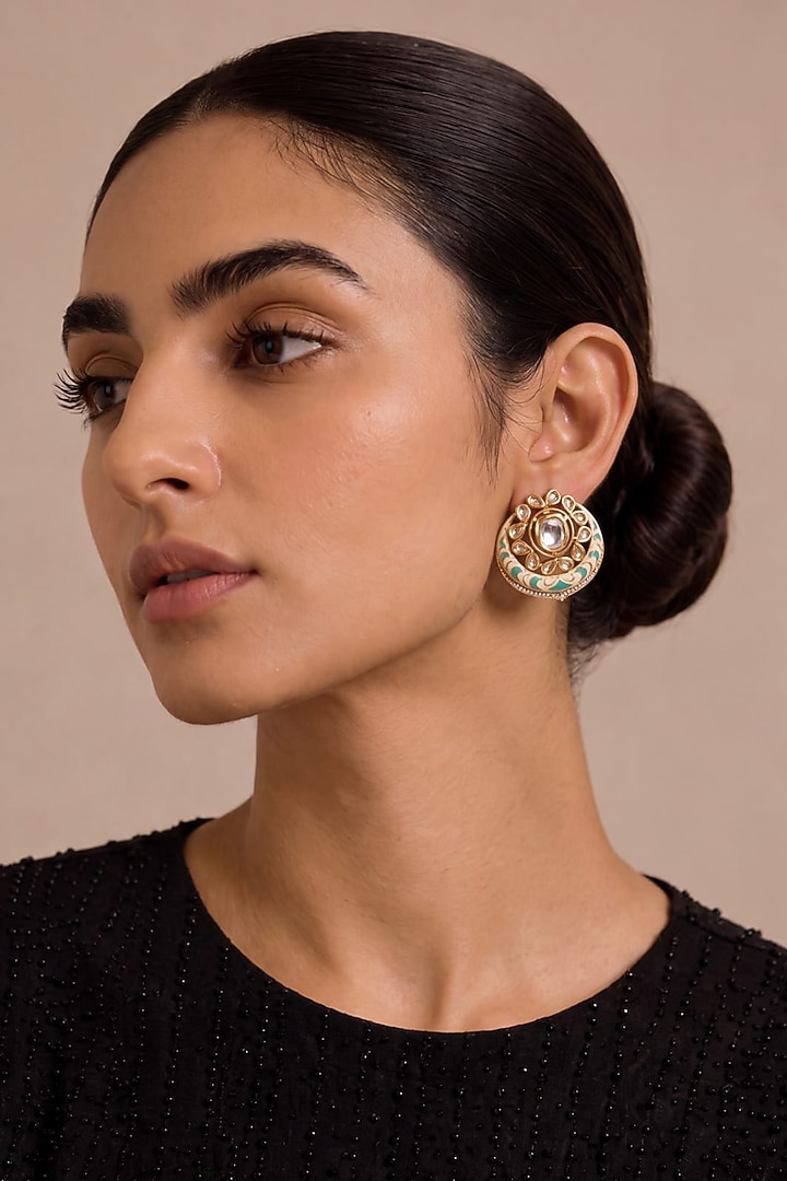 Gold Finish Mint Green Stone Crescent-Shaped Stud Earrings by MNSH at Pernia's Pop Up Shop