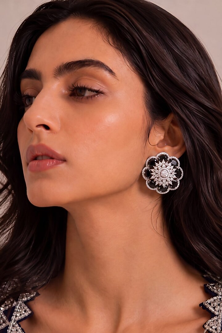 White Rhodium Finish Diamond & Black Stone Stud Earrings by MNSH at Pernia's Pop Up Shop
