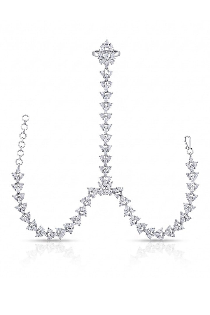 White Rhodium Finish Zircon Leaf Hand Harness by MNSH at Pernia's Pop Up Shop