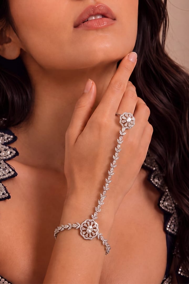 White Rhodium Finish Zircon Floral Hand Harness by MNSH at Pernia's Pop Up Shop