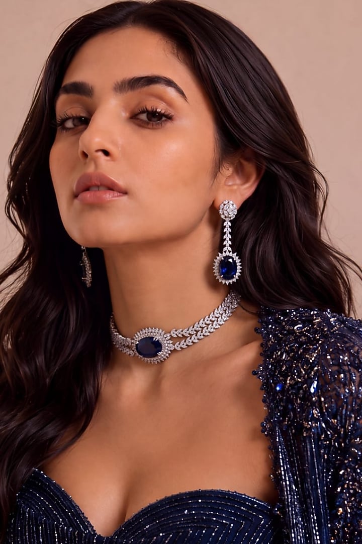 White Rhodium Finish Diamond & Sapphire Stone Choker Necklace Set by MNSH at Pernia's Pop Up Shop