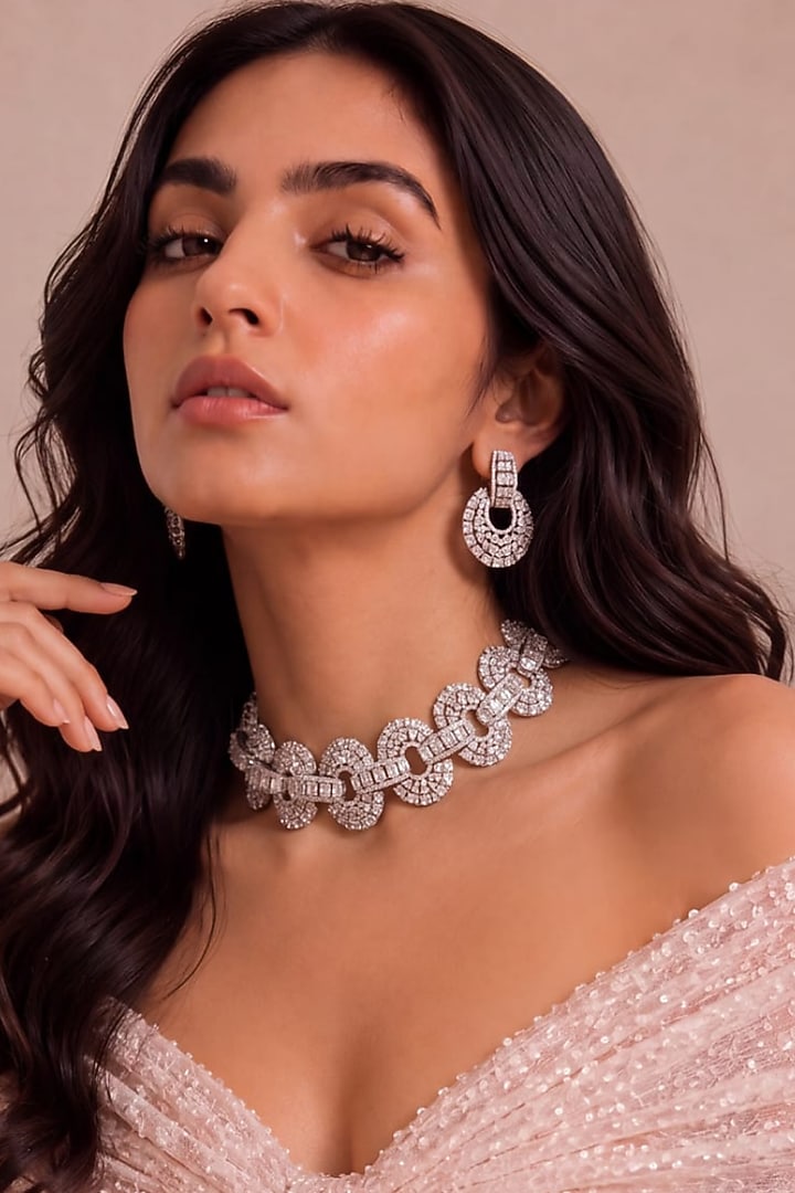 White Rhodium Finish Oval-Shaped Diamond Choker Necklace Set by MNSH at Pernia's Pop Up Shop