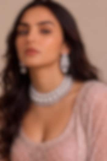 White Rhodium Finish Pearl & Diamond Floral Choker Necklace Set by MNSH at Pernia's Pop Up Shop