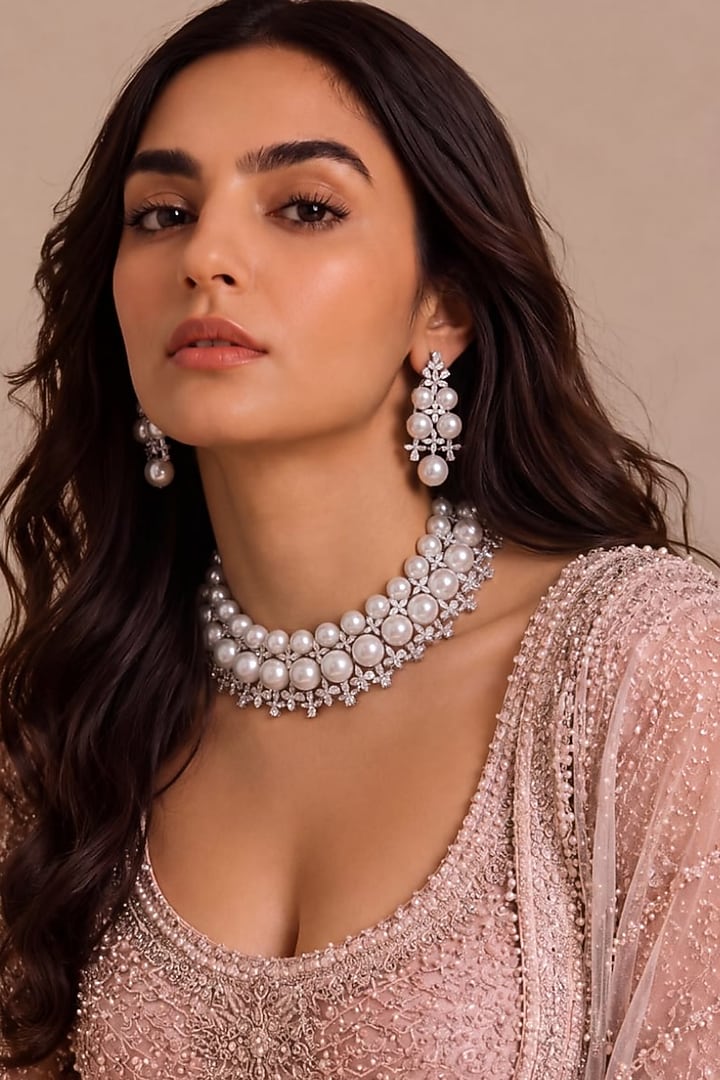 White Rhodium Finish Pearl & Diamond Floral Choker Necklace Set by MNSH at Pernia's Pop Up Shop