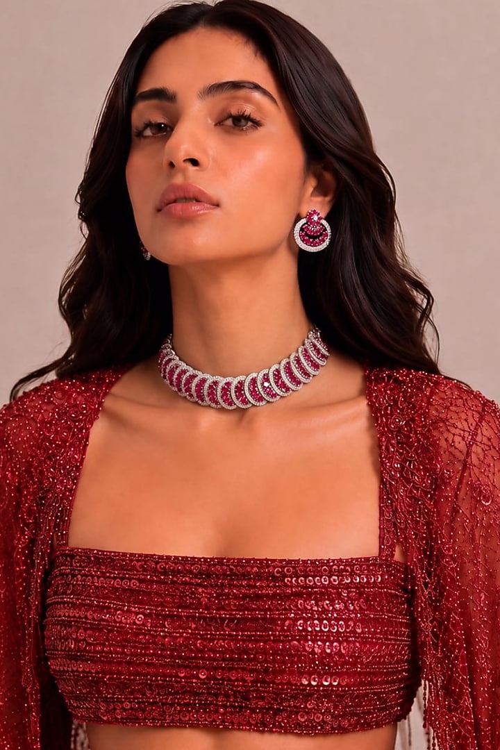 White Rhodium Finish Diamond & Ruby Stone Choker Necklace Set by MNSH at Pernia's Pop Up Shop